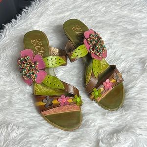 Elite by Corkys Naples Pink & Green Flower Heeled Slides Sandals